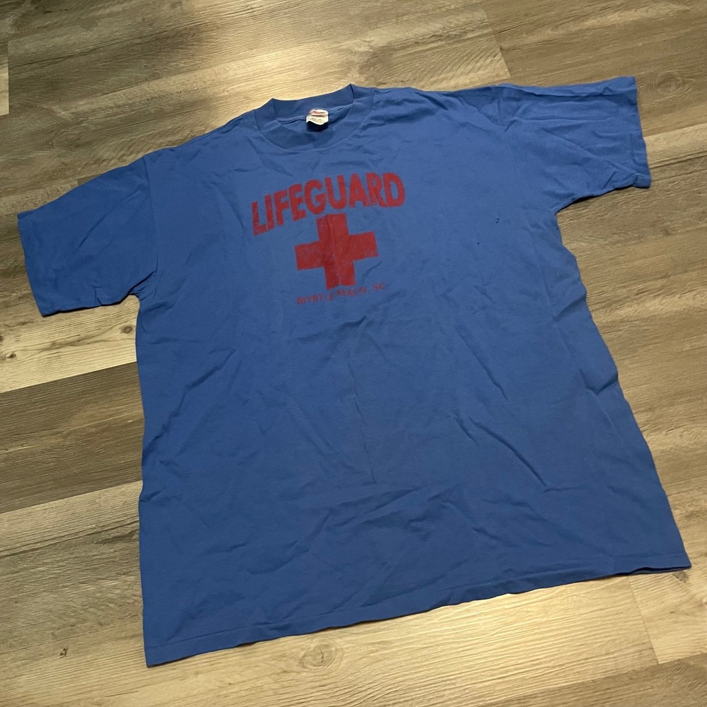 Vintage Wrangler Lifeguard Myrtle Beach SC T-Shirt Blue XXL Made in USA 80s